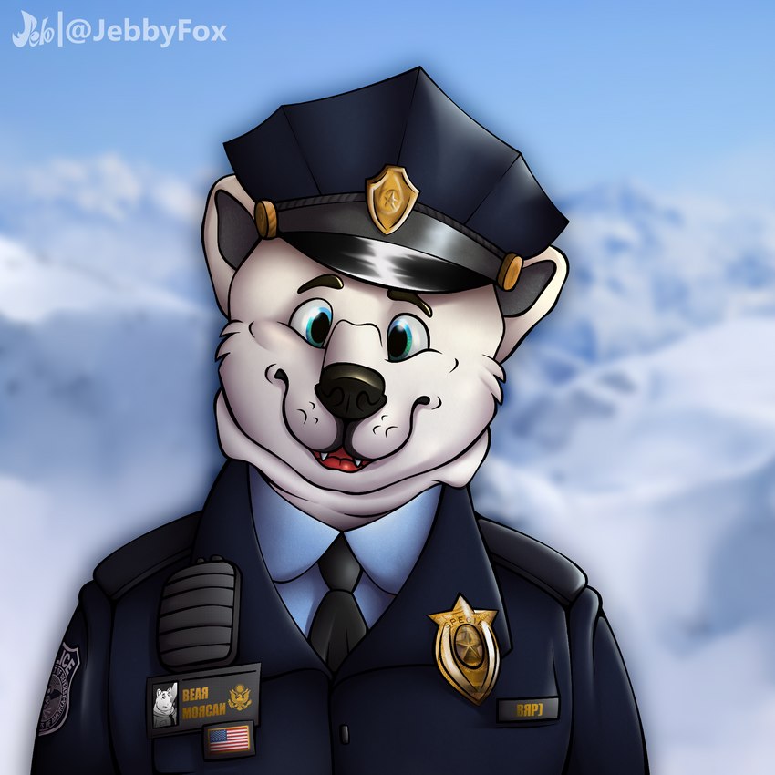 anthro arctic big_good_boy blue_eyes clothing electronics fluffy fur gold_(metal) hat headgear headwear male overweight overweight_male police police_hat radio russian smile snow solo stardragon9 token united_states_of_america white_body white_fur jebbthefoxy jebby bear mammal polar_bear ursine 1:1 hi_res