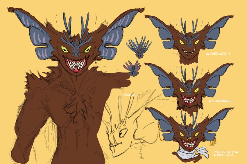 alien_sensory_organ anthro big_ears big_teeth ear_piercing ear_ring facial_hair fangs female fluffy jewelry piercing ring_piercing sideburns smile solo teeth wide_shoulders tengridus alien humanoid 3:2 model_sheet