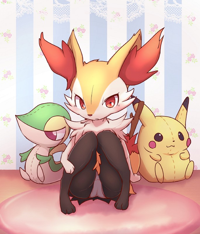 ambiguous_gender anthro biped blush clothed clothing inside knees_up looking_at_viewer panties plushie red_eyes rug sitting solo stick topless underwear white_clothing white_panties white_underwear mei_(artist) nintendo pokemon braixen canid canine generation_1_pokemon generation_5_pokemon generation_6_pokemon mammal pikachu pokemon_(species) snivy full-length_portrait hi_res portrait