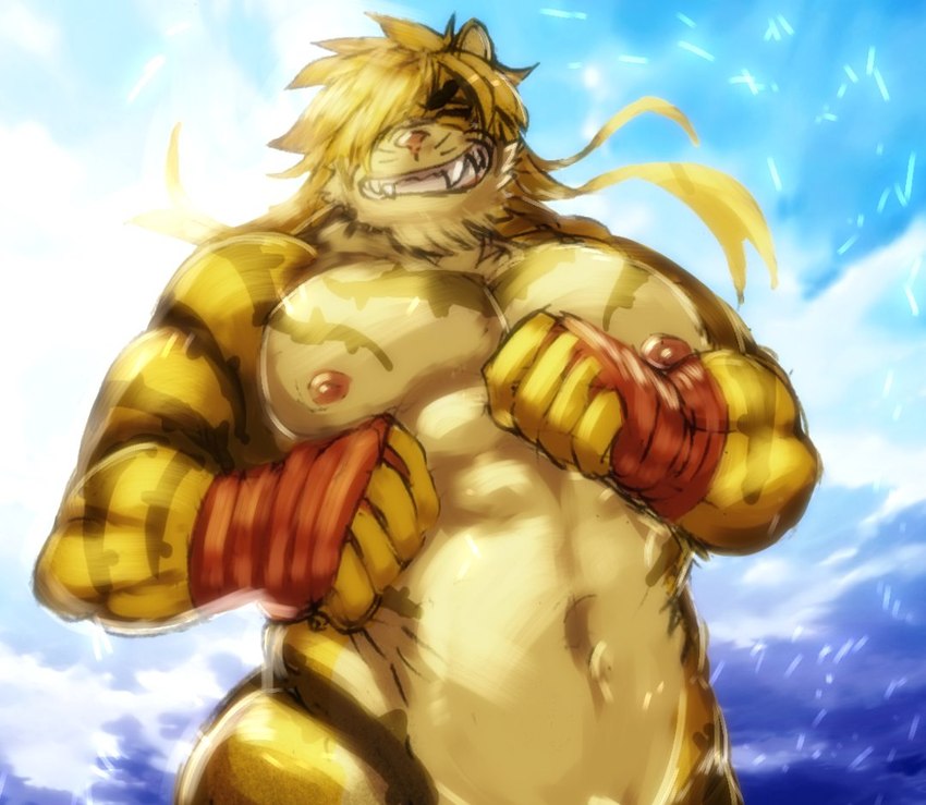 anthro beach cloud eyes_closed hair hand_wraps long_hair male navel nipples nude one_eye_obstructed outside pecs seaside smile soft_abs solo sun wraps ituduki_aaa lifewonders tokyo_afterschool_summoners macan_(tas) felid mammal pantherine tiger