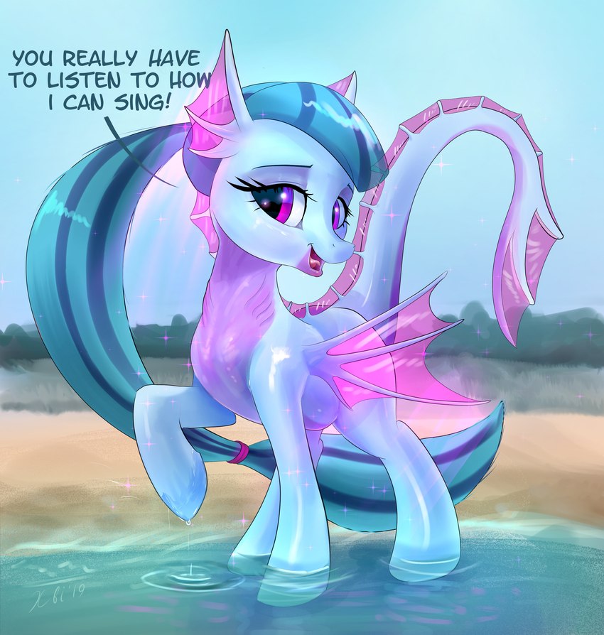 blue_body blue_hair blue_skin female feral fin hair hooves membrane_(anatomy) membranous_wings open_mouth purple_eyes sand solo standing text v_bangs water wings xbi equestria_girls hasbro my_little_pony sonata_dusk_(eg) equid equine horse hybrid mammal pony siren absurd_res english_text hi_res