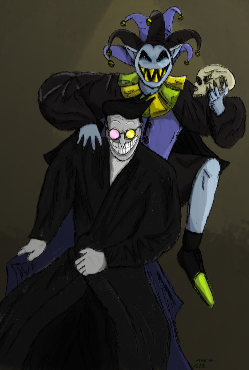 bone chair clothing clown duo eyewear furniture glasses humanoid_pointy_ears jester male male/male noseless pointy_nose sharp_teeth skull smile suit teeth throne m4n deltarune undertale undertale_(series) jevil_(deltarune) spamton_g._spamton humanoid monster hi_res portrait