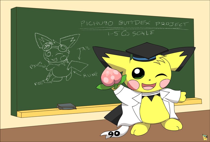 chalkboard chalkboard_eraser clothing coat feral food fruit fur graduation_cap green_eyes lab_coat logo male male_feral one_eye_closed pecha_berry plant pokemon_berry scarf solo text topwear wink yellow_body yellow_fur pichu90 nintendo pokemon sparks_pichu generation_2_pokemon pichu pokemon_(species) artist_logo english_text hi_res