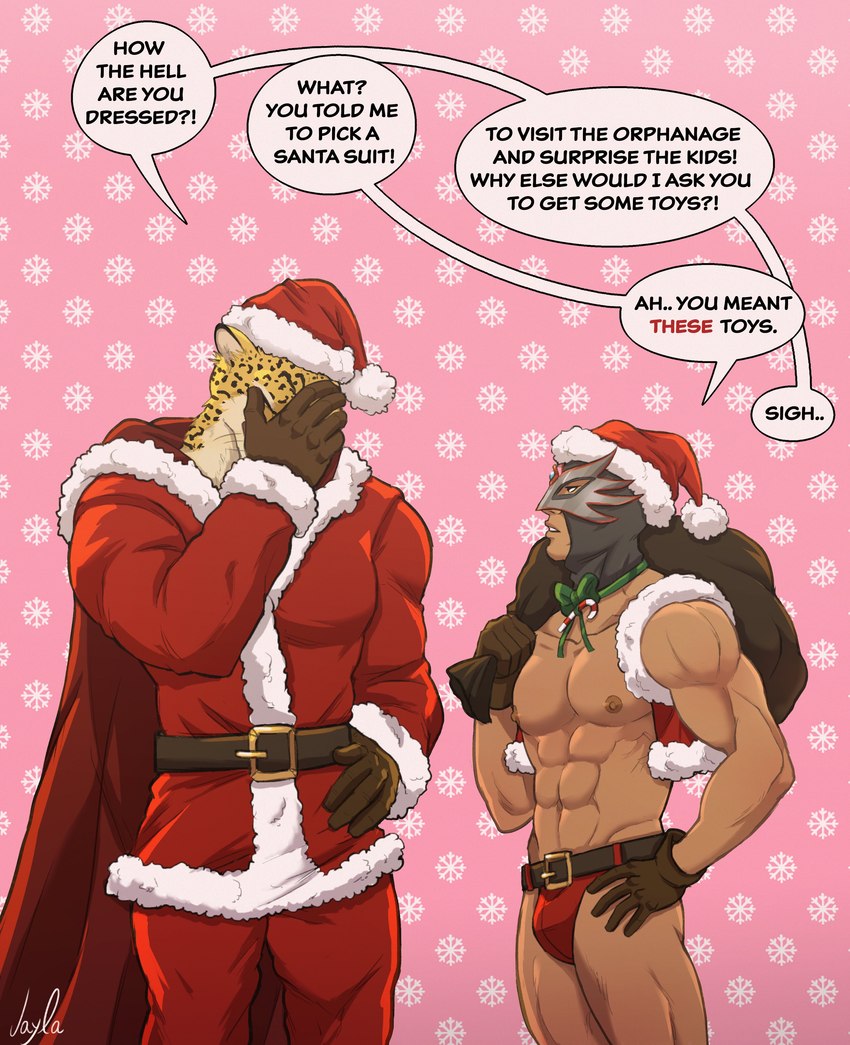 abs belt candy candy_cane cape christmas_clothing christmas_headwear clothed clothing dessert duo food fur gloves handwear hat headgear headwear holidays male mask muscular nipples partially_clothed pecs santa_hat simple_background sports_mask sportswear text underwear wearing_mask wrestling_mask yellow_body yellow_fur jayla_comics bandai_namco christmas sega tekken virtua_fighter el_blaze king_(tekken) felid human jaguar mammal pantherine absurd_res crossover english_text hi_res