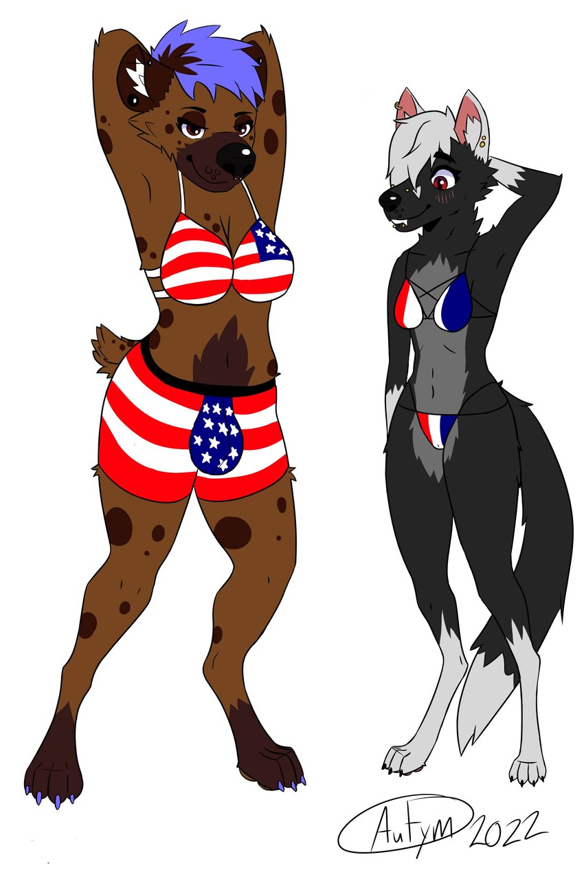 american_flag american_flag_bikini anthro athletic bikini bite biting_lip blue_hair blush boxer_briefs bra breasts brown_eyes bulge clothing colored_nails dipstick_ears dipstick_tail duo ear_markings ear_piercing ear_ring facial_piercing female flag flag_bikini flag_clothing flag_print flag_swimwear france french_flag french_flag_bikini furgonomics furry-specific_piercing grey_hair gynomorph hair industrial_piercing inner_ear_fluff intersex intersex/female leg_markings lip_piercing looking_at_another looking_at_viewer markings multicolored_ears muzzle_piercing nails nose_piercing painted_claws panties paws piercing pose print_bikini print_clothing print_swimwear red_eyes ring_piercing septum_piercing short_hair short_tail size_difference slightly_chubby slightly_chubby_gynomorph slightly_chubby_intersex small_breasts smaller_female snakebite_piercing socks_(marking) spots swimwear tail tail_markings thick_thighs tuft two-piece_swimsuit underwear united_states_of_america autym kiera_kass ruby_mordeaux canid canine fox hyena mammal spotted_hyena 2:3 absurd_res hi_res