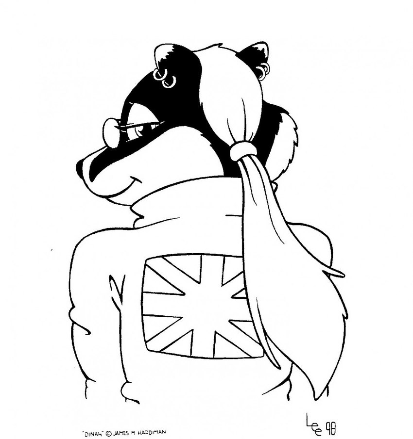 anthro clothing ear_piercing ear_ring eyewear female glasses hair jacket looking_back piercing ponytail ring_piercing smile smiling_at_viewer solo topwear union_jack desiree_lee dinah_(jmh) badger mammal mustelid musteline 1998 hi_res monochrome