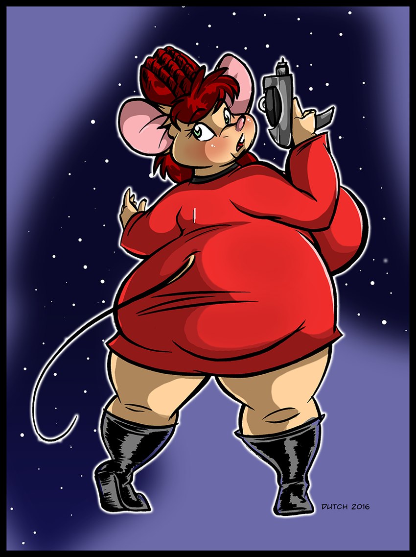 anthro big_breasts big_butt black_border boots border breasts buckteeth butt clothing dress female footwear gun hair huge_breasts mature_female open_mouth overweight overweight_anthro overweight_female phaser ranged_weapon red_clothing red_dress red_hair shoes solo starfleet_uniform teeth thick_thighs weapon dutch_(artist) misty_the_mouse star_trek beth_(dutch) mammal mouse murid murine rodent 2016 digital_media_(artwork) hi_res