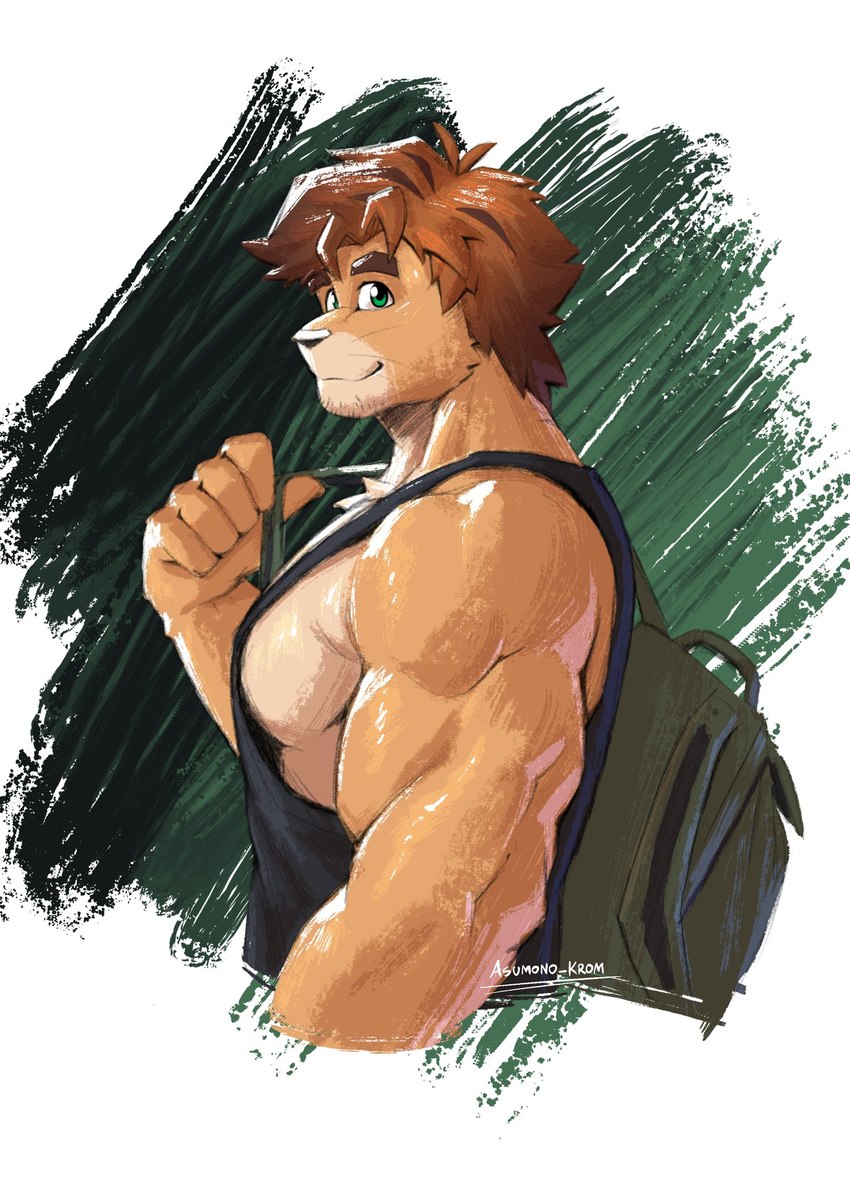 anthro backpack biceps brown_body brown_fur brown_hair clothing fur green_eyes hair male multicolored_body multicolored_fur muscular muscular_male pecs shirt smile solo standing tank_top topwear two_tone_body two_tone_fur anjing_kampuss raja_(anjing_kampuss) felid lion mammal pantherine hi_res