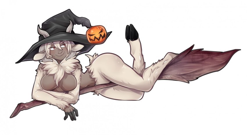 anthro breasts broom cleaning_tool clothing cloven_hooves featureless_breasts female flying_broom fur hat hat_only headgear headgear_only headwear headwear_only holidays hooves horn horn_through_clothing horn_through_headwear jack-o'-lantern lying mostly_nude on_front red_eyes simple_background smile solo white_background white_body white_fur witch_hat witch_hat_only wool_(fur) villmix halloween phoebe_(lillicherry) bovid caprine mammal sheep digital_media_(artwork) shaded