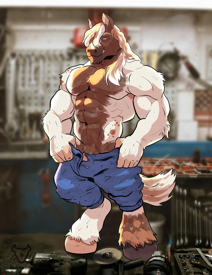 abs anthro barely_visible_genitalia barely_visible_penis biped bottomwear clothed clothing fur garage genitals hooves looking_at_viewer male male_anthro mane mottled mottled_body mottled_fur muscular muscular_anthro muscular_male pants pecs penis penis_base photo_background piebald piebald_body piebald_fur smile smiling_at_viewer smirk smirking_at_viewer solo tail topless topless_anthro topless_male unbuttoned_pants unguligrade bullstorm murphythehonse clydesdale draft_horse equid equine horse mammal absurd_res hi_res photography_(artwork)