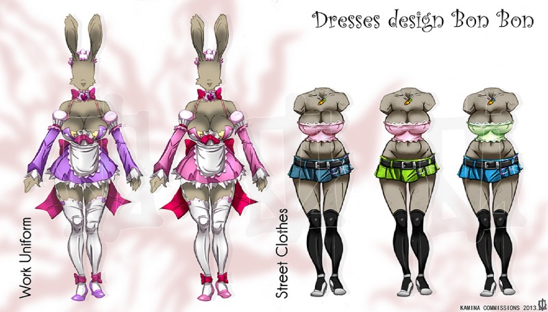 anthro big_breasts bottomwear breasts cleavage clothed clothing dress female footwear high_heels jewelry legwear mannequin necklace ribbons shoes skirt solo standing stockings text uniform wide_hips kamina1978 hollandworks bonbon_(hollandworks) lagomorph leporid mammal rabbit 2013 digital_media_(artwork) english_text model_sheet