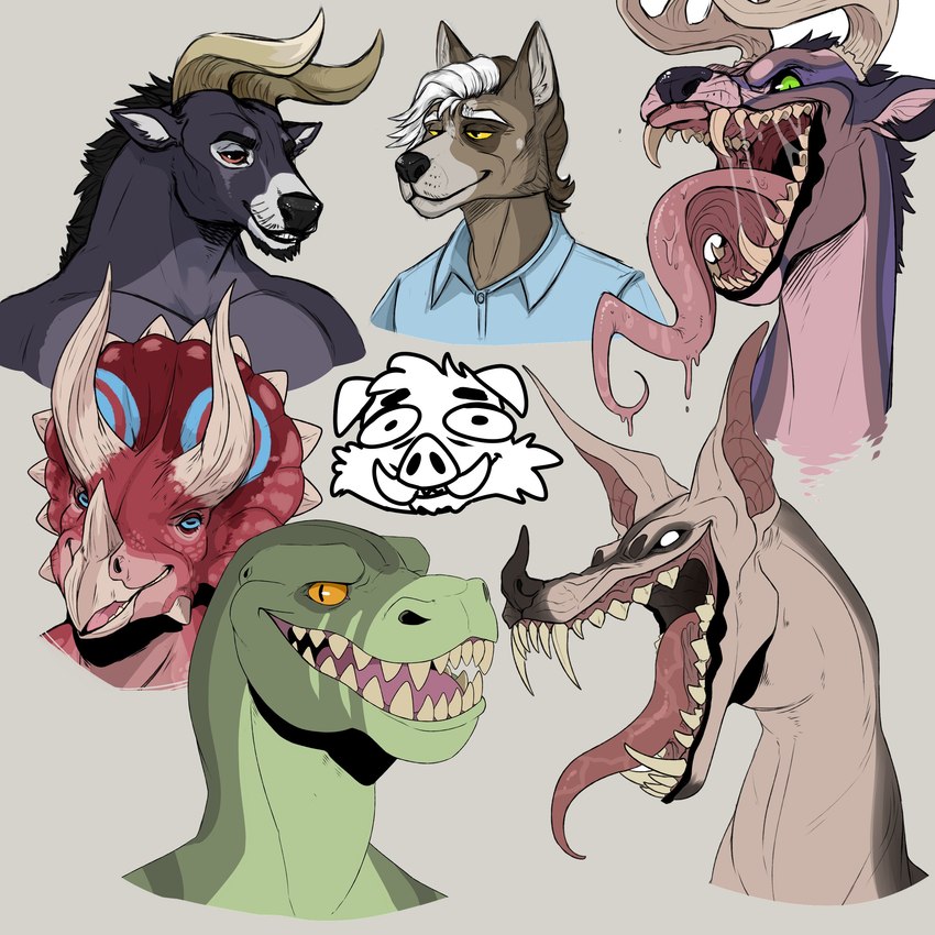 anthro antlers black_sclera bodily_fluids brown_body brown_fur closed_smile empty_eyes fangs fur glistening glistening_eyes green_eyes horn male mouth_closed open_mouth orange_eyes pink_body saliva saliva_string sharp_teeth smile solo tan_antlers tan_body teeth white_eyes imperatorcaesar bovid canid dinosaur mammal prehistoric_species reptile scalie 1:1 absurd_res hi_res sketch_page