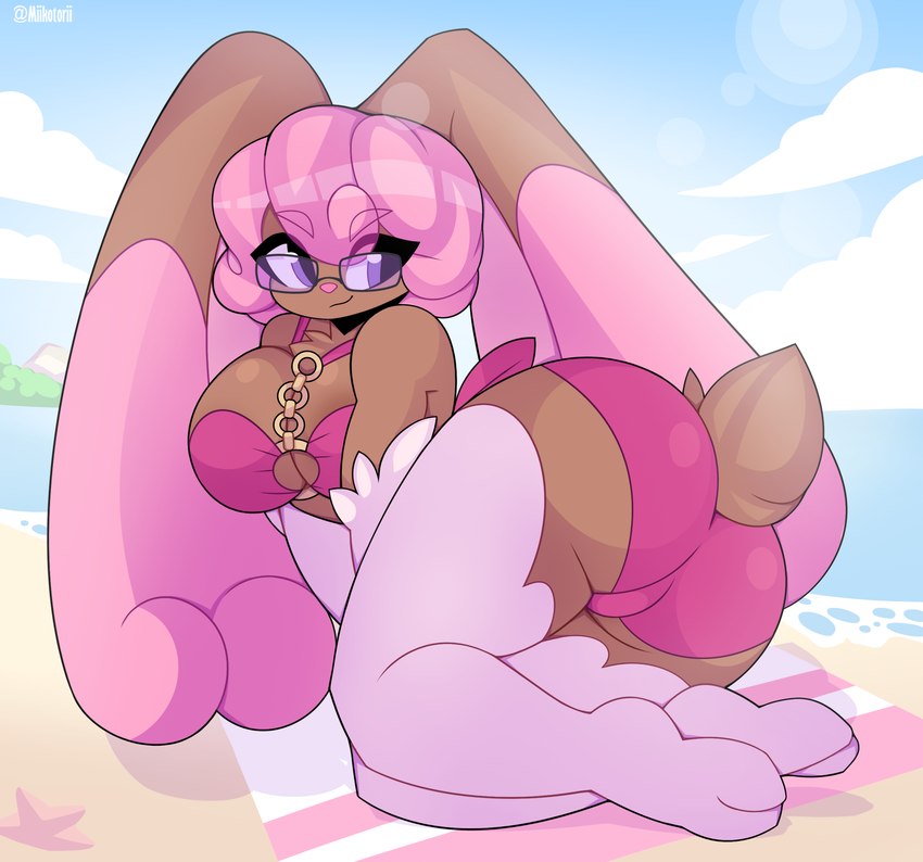 anthro beach beach_towel big_breasts big_butt big_ears breasts brown_body brown_fur butt clothed clothing detailed_background eyebrow_through_hair eyebrows eyewear female fur glasses gloves hair handwear pink_body pink_fur pink_hair purple_eyes seaside smile solo swimwear tail thick_thighs towel translucent translucent_hair tuft miikotorii nintendo pokemon melissa_(sparkingyagi) blissey generation_2_pokemon generation_4_pokemon hybrid hybrid_pokemon lagomorph leporid lopunny mammal pokemon_(species) hi_res