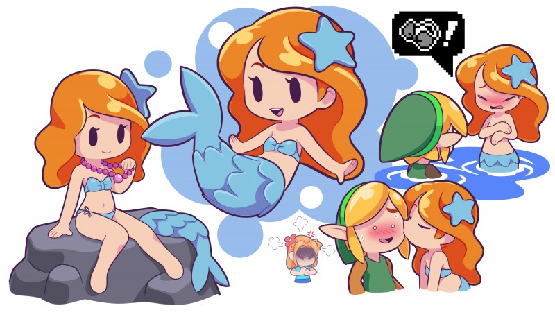 angry barefoot bikini bikini_removed bikini_top_removed blonde_hair blush breasts clothed clothing covering covering_breasts embarrassed feet female hair humiliation jealous male orange_hair small_breasts split_form swimwear swimwear_removed topless two-piece_swimsuit underwater water starbirbz link's_awakening nintendo the_legend_of_zelda link marin_(tloz) mermaid_(link's_awakening) humanoid hylian marine merfolk absurd_res hi_res