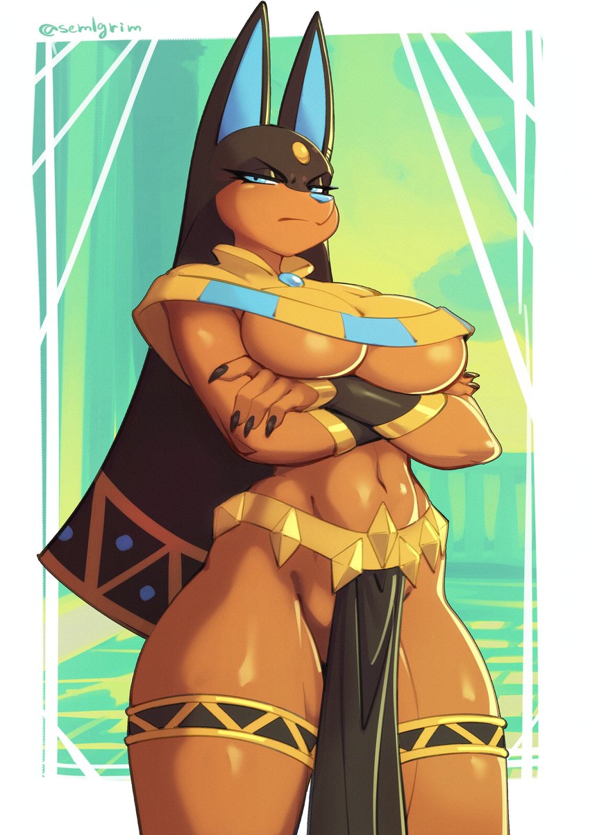 anthro big_breasts blue_eyes blue_inner_ear blue_nose bottomwear breasts brown_body clothing crossed_arms eyebrows eyelashes female glistening glistening_body glistening_breasts glistening_thighs loincloth narrowed_eyes navel solo thick_thighs thighlet under_boob sem-l-grim palworld pocketpair anubis_(pal) pal_(species) 2024 absurd_res hi_res