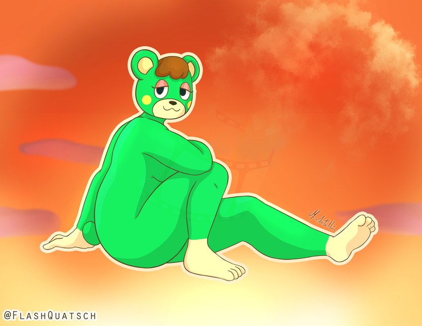 anthro blush brown_hair cloud feet female fur green_body green_skin hair half-closed_eyes looking_at_viewer multicolored_body multicolored_fur narrowed_eyes nude orange_sky sitting sky sky_background skyscape solo yellow_blush yellow_feet yellow_hands flashquatsch animal_crossing nintendo charlise_(animal_crossing) bear mammal