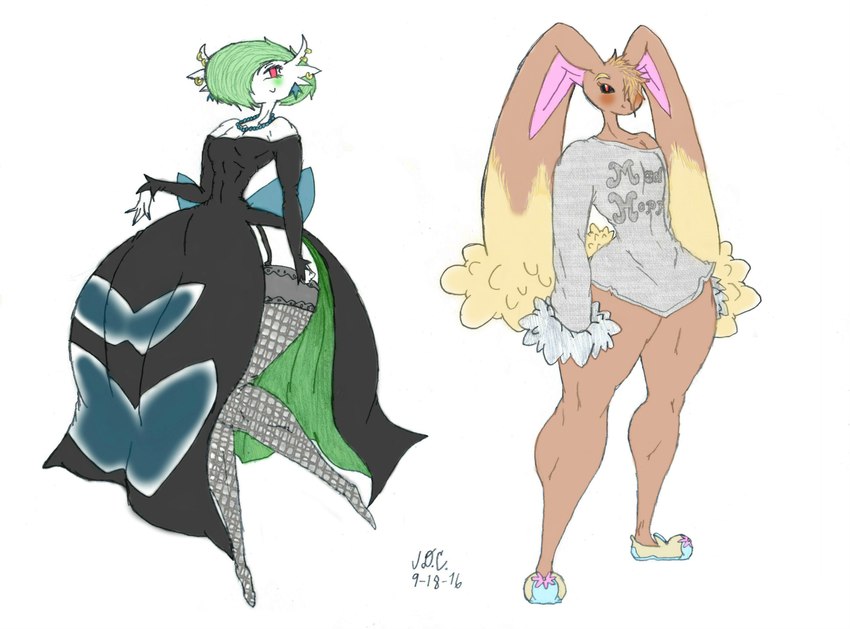 anthro casual_clothing duo ear_piercing ear_ring female fishnet_stockings formal_clothing hair hair_over_eye piercing ring_piercing wide_hips jaylee2014 nintendo pokemon gardevoir generation_3_pokemon generation_4_pokemon humanoid lopunny pokemon_(species) absurd_res hi_res