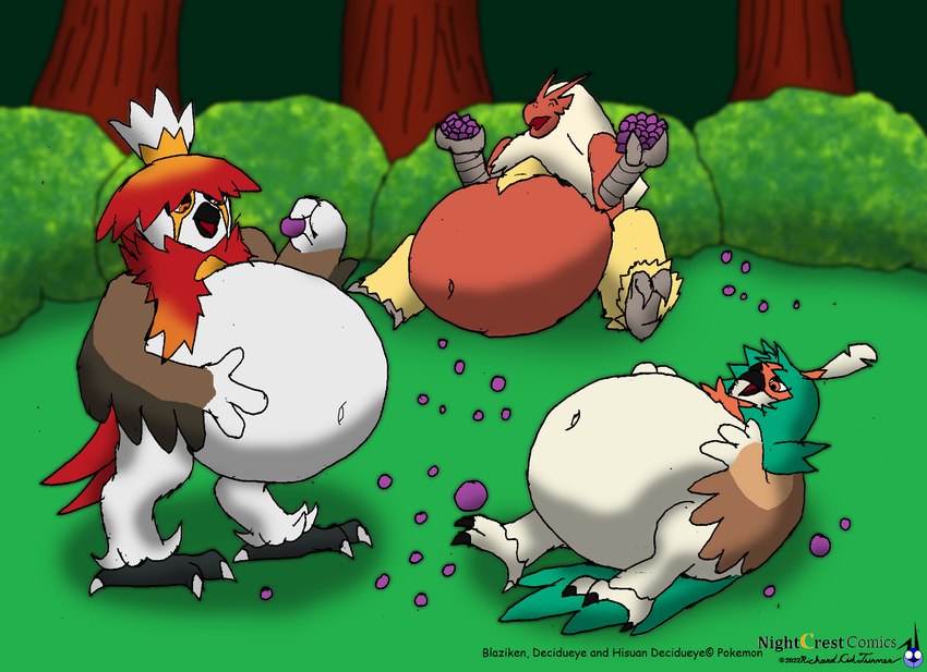 ambiguous_gender anthro banquet belly berry big_belly eating eating_food enjoying food forest forest_background fruit gluttony group hand_holding hand_on_belly happy holding_food holding_object joyful male nature nature_background navel navel_outline obese obese_anthro obese_male overweight overweight_anthro overweight_male plant sitting sitting_on_ground standing stuffing stuffing_(food) tree trio k9manx90_(artist) nintendo pokemon pokemon_legends_arceus avian blaziken decidueye generation_3_pokemon generation_7_pokemon generation_8_pokemon hisuian_decidueye hisuian_form pokemon_(species) regional_form_(pokemon) hi_res