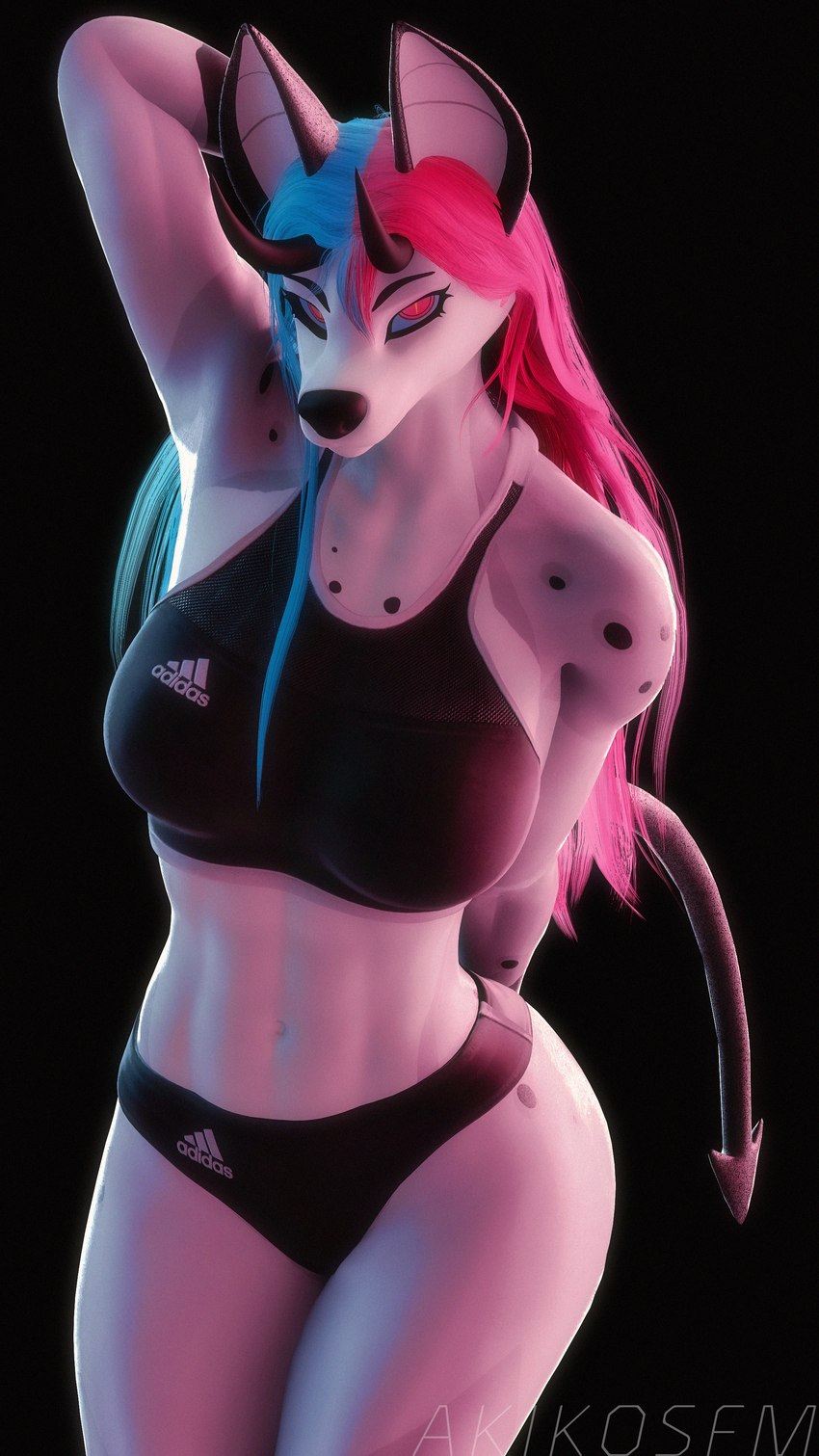 anthro black_background black_spots blue_sclera bra breasts clothed clothing female hair hand_behind_head horn long_hair long_tail looking_at_viewer multicolored_hair pink_hair pose simple_background solo spots tail two_tone_hair underwear akikosfm adidas mythology rae_(akikosfm) canid canid_demon canine demon hellhound mammal mythological_canine mythological_creature 3d_(artwork) 4k 9:16 absurd_res digital_media_(artwork) hi_res pinup source_filmmaker_(artwork)