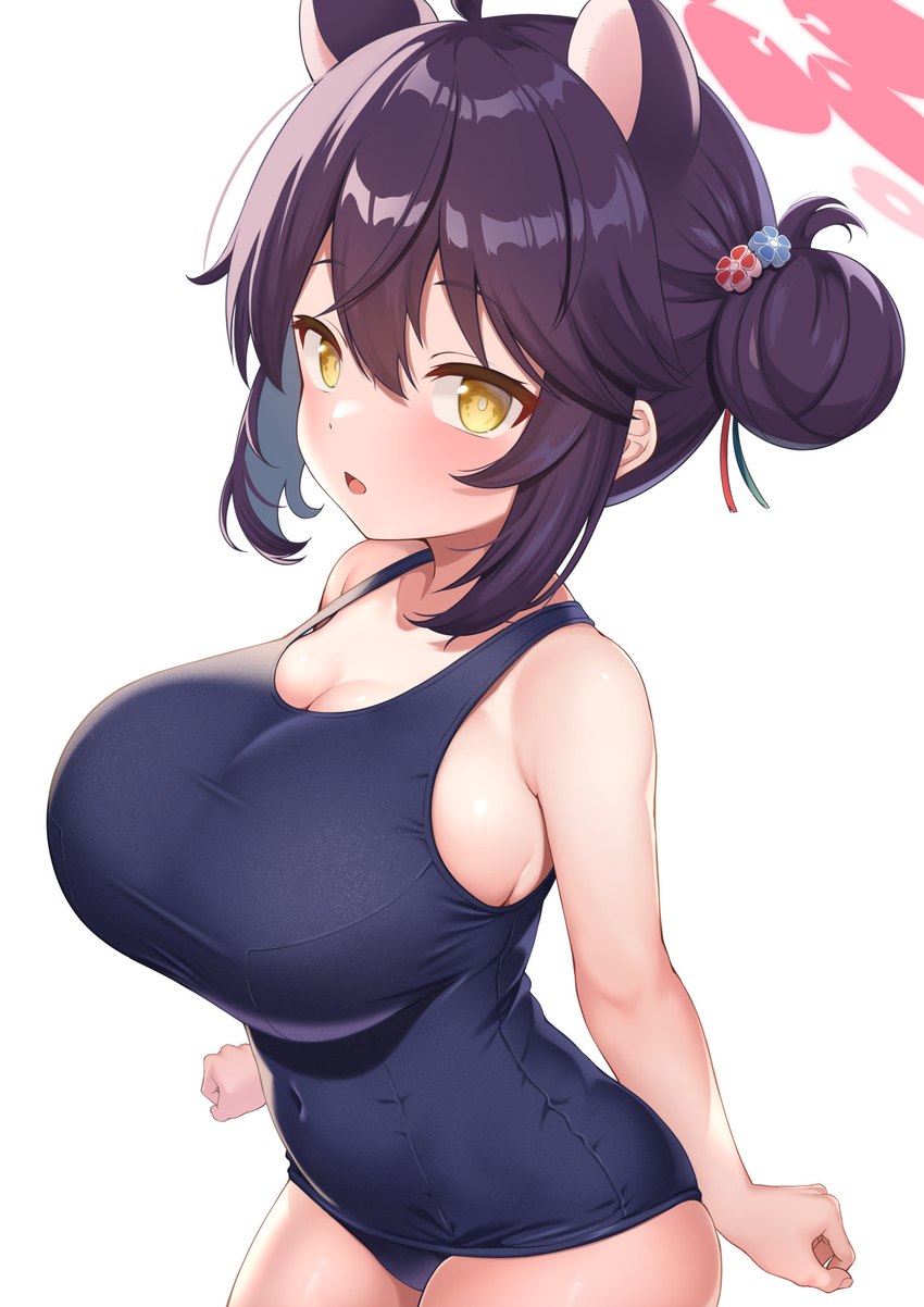 big_breasts breasts clothed clothing female hair one-piece_swimsuit purple_hair simple_background solo swimwear white_background sonaokun2 blue_archive kaede_(blue_archive) animal_humanoid humanoid hi_res