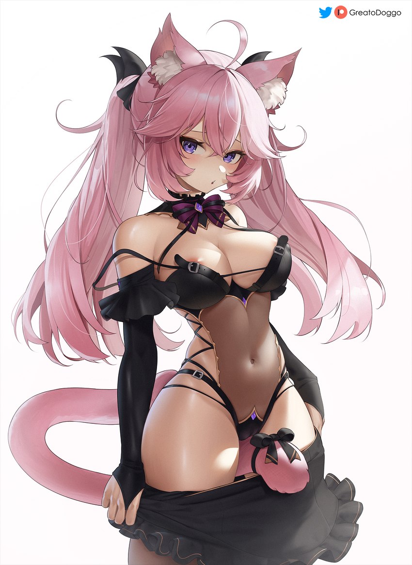 ahoge areola areola_slip armwear big_breasts black_armwear black_bottomwear black_clothing black_skirt bottomwear breasts clothed clothing detailed_navel female fingers fur hair inner_ear_fluff monotone_body monotone_fur monotone_hair navel partially_clothed pink_body pink_ears pink_fur pink_hair pink_tail simple_background skirt solo tail tuft white_background greatodoggo vshojo vtuber nyanners animal_humanoid cat_humanoid felid felid_humanoid feline feline_humanoid humanoid mammal mammal_humanoid 2023 digital_media_(artwork) hi_res