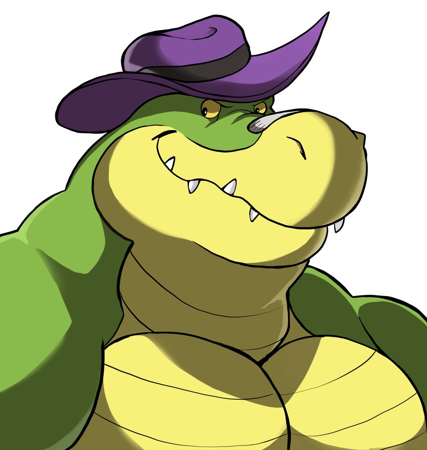 anthro clothing green_body hat headgear headwear male musclegut muscular pecs purple_clothing purple_hat purple_headwear sharp_teeth simple_background smile solo teeth white_background yellow_sclera darknaigart brok_the_investigator cowcat_games brok_(brok_the_investigator) alligator alligatorid crocodilian reptile scalie 2024 absurd_res hi_res portrait