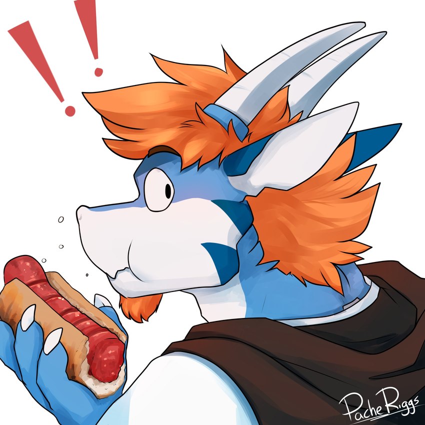 anthro beard blue_body blue_ears brown_clothing brown_eyebrows brown_topwear clothing countershading eating eyebrows facial_hair food goatee hair holding_food holding_hot_dog holding_object horn hot_dog male mouth_closed orange_beard orange_facial_hair orange_hair rear_view short_hair simple_background solo topwear white_background white_body white_clothing white_horn white_topwear wide_eyed pache_riggs mythology tiberius_(pache_riggs) dragon mythological_creature mythological_scalie scalie 1:1 bust_portrait hi_res portrait signature