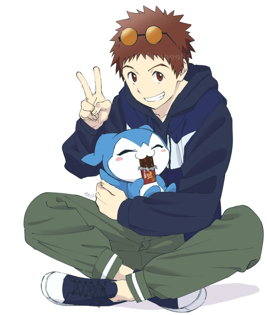 anthro blush brown_hair candy chocolate clothing dessert duo eating eyewear food gesture grin hair hand_gesture hoodie jacket male smile solo sunglasses topwear v_sign dgmn9981 bandai_namco digimon davis_motomiya demiveemon digimon_(species) hi_res