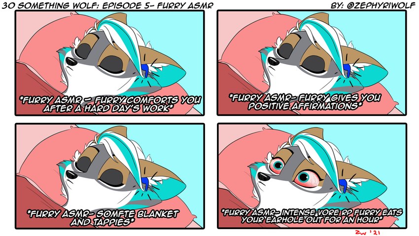 4_panel_comic anthro bed blue_background border cheek_tuft eyes_closed facial_tuft female furniture green_highlights hair highlights_(coloring) humor inner_ear_fluff lying lying_on_bed on_back on_bed pillow simple_background sleeping solo text tuft white_border white_hair wide_eyed zephyriwolf zephyri_q_wolf canid canine canis mammal wolf english_text hi_res