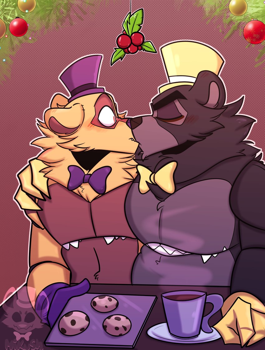 anthro beverage candy chocolate cookie dessert duo food holidays hot_chocolate kiss_on_lips kissing male male/male surprise_kiss mikush christmas five_nights_at_freddy's five_nights_at_freddy's_4 scottgames nightmare_(fnaf) nightmare_fredbear_(fnaf) bear mammal absurd_res digital_media_(artwork) hi_res