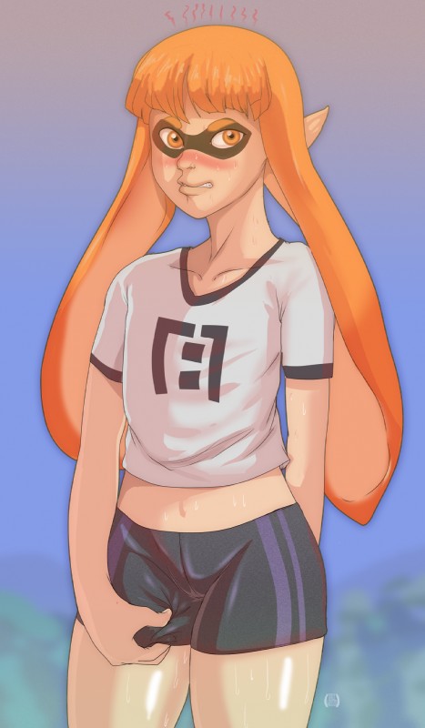 abstract_background angry blush bodily_fluids clothed clothing embarrassed eyemask eyewear female flat_chested frown hair orange_hair pointy_ears pseudo_hair scowl simple_background solo sweat tentacle_hair tentacles holimount nintendo splatoon inkling_girl kaori_(splatoon) animal_humanoid cephalopod cephalopod_humanoid humanoid inkling marine marine_humanoid mollusk mollusk_humanoid hi_res