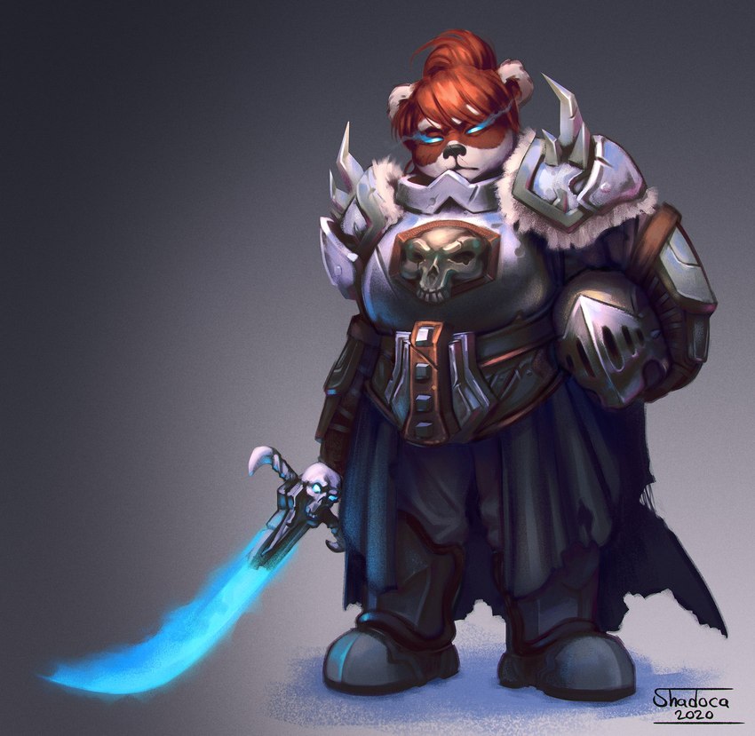 anthro female glowing glowing_eyes hair melee_weapon orange_hair simple_background solo sword weapon shadoca blizzard_entertainment warcraft death_knight_(warcraft) bear mammal pandaren 2020 hi_res