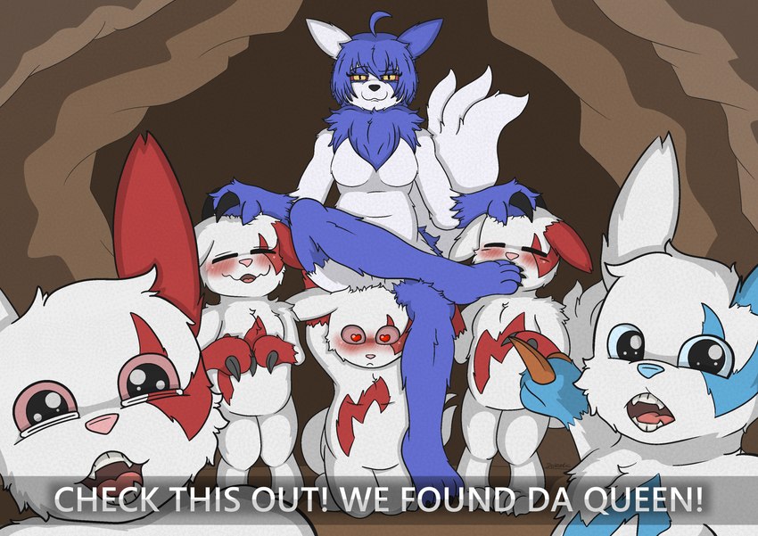 anthro blue_body blue_fur blue_sclera blush cave excited female feral fluffy fluffy_tail fur group heart_eyes heart_symbol male male/female neck_tuft open_mouth red_body red_fur red_sclera simple_background sitting sitting_on_head slightly_chubby smile smirk tail teeth text text_box tongue tuft white_body white_fur yellow_eyes darknetic nintendo pokemon ugandan_knuckles amy_the_mystgoose generation_3_pokemon generation_6_pokemon hybrid hybrid_pokemon meowstic pokemon_(species) shiny_pokemon zangoose absurd_res digital_drawing_(artwork) digital_media_(artwork) english_text hi_res meme shaded