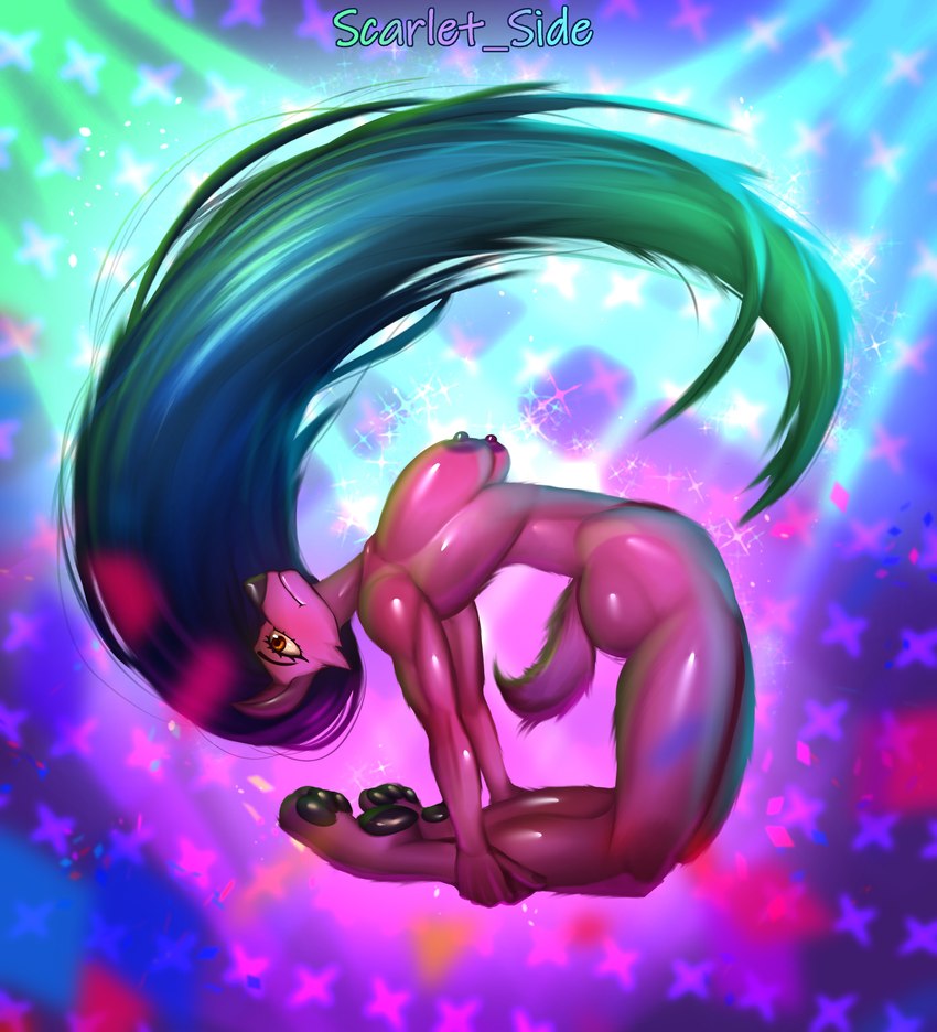 anthro big_breasts blue_hair breasts butt female flexible fur glistening glistening_body green_hair hair jumping long_hair midair multicolored_hair nipples nude pink_body pink_fur simple_background solo tail scarlet_side canid canine mammal 2024 absurd_res digital_media_(artwork) hi_res