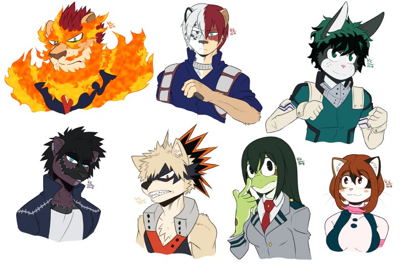 alternate_species anthro burn_scar clothed clothing female fire furrification genetic_chimerism green_hair hair male scar solo split_color incredibleediblecalico my_hero_academia asui_tsuyu dabi_(mha) izuku_midoriya katsuki_bakugou ochaco_uraraka todoroki_enji todoroki_shouto amphibian amphibian_humanoid animal_humanoid canid canine canis domestic_dog felid feline frog humanoid lagomorph leporid lion mammal pantherine rabbit shiba_inu snow_leopard spitz hi_res