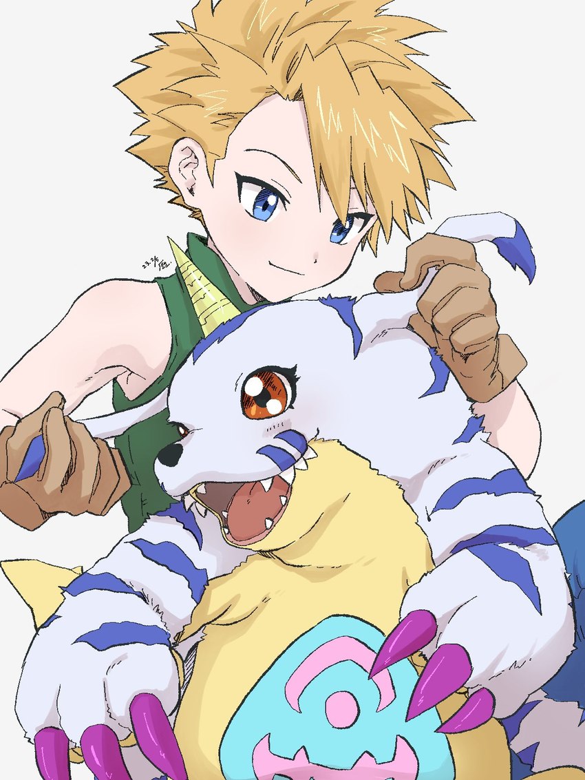 animal_skin anthro belly belly_markings blonde_hair blue_eyes blush claws duo hair horn male markings red_eyes sleeveless_shirt slightly_chubby feng_efu bandai_namco digimon matt_ishida digimon_(species) gabumon human mammal 3:4 hi_res