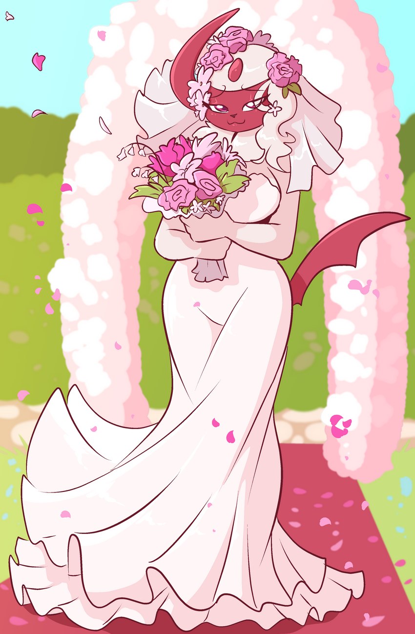 anthro blush claws clothing dress female flower gown looking_at_viewer plant smile solo tail wedding wedding_dress fuf nintendo pokemon aphrodite_the_absol absol generation_3_pokemon pokemon_(species) shiny_pokemon absurd_res hi_res