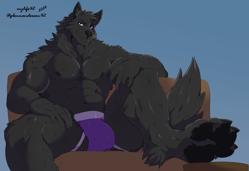 anthro athletic athletic_anthro black_body black_fur clothed clothing fur jockstrap jockstrap_only looking_at_viewer lounging male muscular muscular_anthro muscular_male paws pose sitting topless underwear underwear_only mylife42 nevith canid canine canis mammal wolf absurd_res hi_res