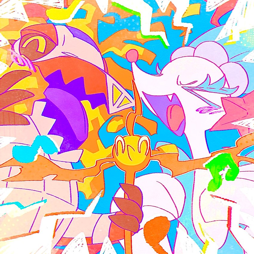 ambiguous_gender anthro duo eyes_closed feral fire musical_note musical_symbol singing symbol slcn040 nintendo pokemon generation_7_pokemon generation_9_pokemon pokemon_(species) primarina skeledirge hi_res