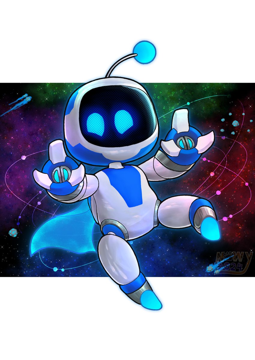 abstract_background blue_body blue_eyes machine male metal metallic_body solo text toony white_body nowykowski7 astro_bot_(series) astro_(astro_bot) humanoid robot robot_humanoid 2024 artist_name digital_drawing_(artwork) digital_media_(artwork) full-length_portrait hi_res portrait shaded