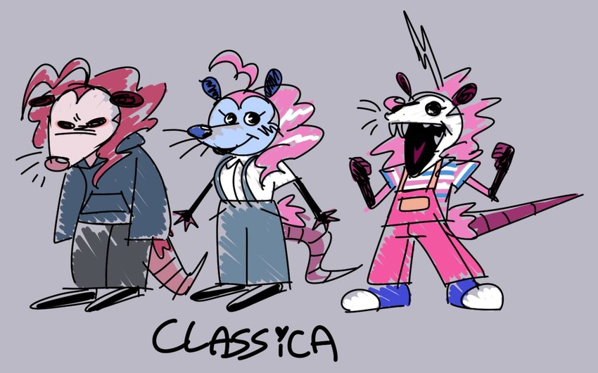 anthro clothed clothing female simple_background solo classica_p american_opossum mammal marsupial virginia_opossum concept_art sketch