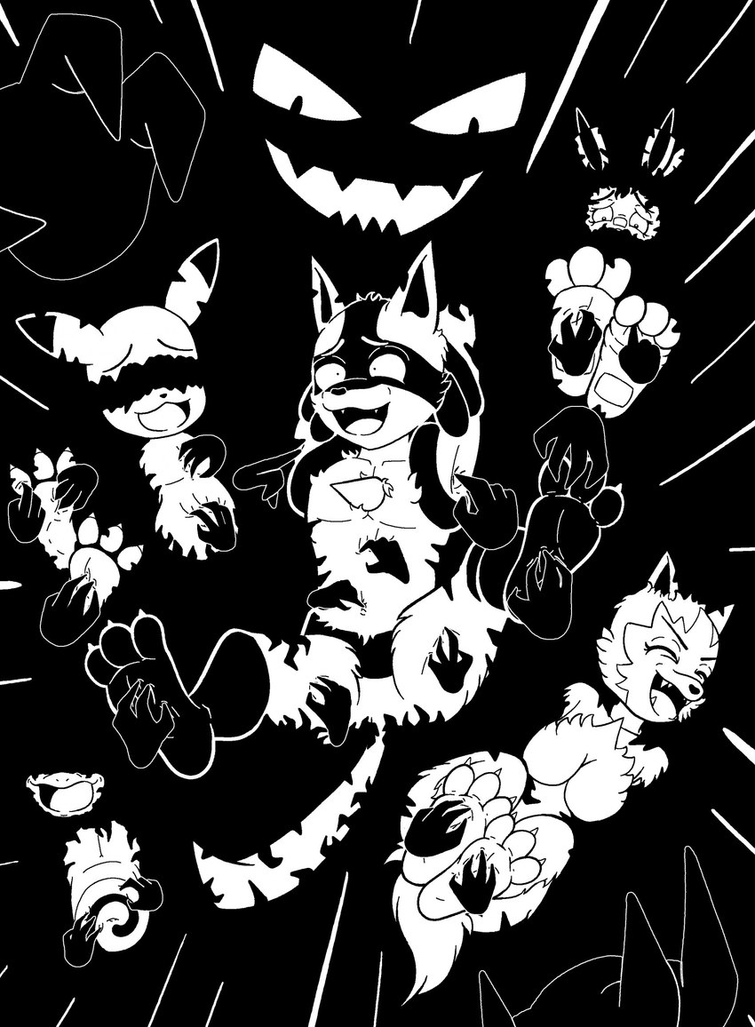 3_toes 4_fingers anthro arms_above_head barefoot belly black_inner_ear black_nose black_tipped_ears breasts chest_spike claws disembodied_hand dreadlocks eyebrows eyelashes eyes_closed fangs featureless_breasts featureless_chest feet female fingers fluffy fluffy_tail fur fur_markings fur_tuft group humanoid_feet laugh leg_markings male markings navel open_mouth open_smile paws plantigrade rabbit_ears raised_arms restrained restrained_arms restrained_feet smile snout socks_(marking) soles spikes spikes_(anatomy) submissive submissive_anthro submissive_female submissive_male tail teeth tickle_fetish tickle_torture tickling tickling_armpits tickling_belly tickling_feet tickling_navel tickling_thighs tickling_toes toe_claws toes tongue tuft ticklespots nintendo pokemon charmeleon generation_1_pokemon generation_2_pokemon generation_3_pokemon generation_4_pokemon generation_8_pokemon haunter lucario pikachu pokemon_(species) politoed poochyena scorbunny 2023 black_and_white hi_res monochrome