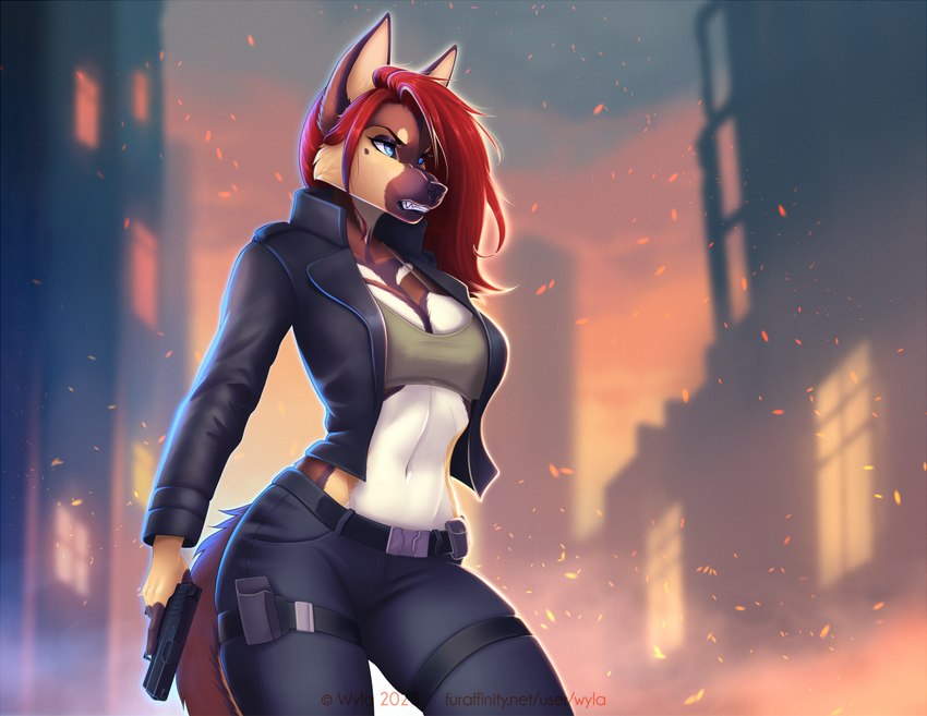 anthro arm_tuft belt big_breasts blue_eyes bottomwear breasts brown_body brown_fur city clenched_teeth clothing crop_top eyebrows eyelashes female fur gun hair jacket midriff navel pants ranged_weapon red_hair shirt shoulder_tuft solo tan_body tan_fur teeth topwear tuft weapon white_body white_fur wyla canid canine canis domestic_dog german_shepherd herding_dog mammal pastoral_dog 2023