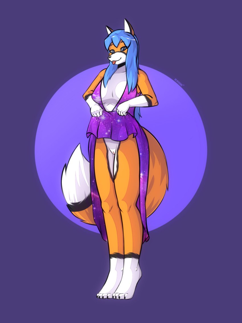 anthro blue_eyes blue_hair clothing dress female fur genitals hair looking_at_viewer nude orange_body orange_fur pussy simple_background smile solo white_body white_fur yukkooart rena_(yukkooart) canid canine fox mammal 2021 3:4 digital_media_(artwork) hi_res shaded