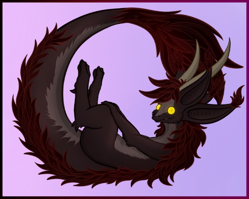 anthro black_body black_fur brown_hair curled_up digitigrade fur glowing glowing_eyes hair horn multi_ear nude simple_background smile solo tail tail_tuft tuft yellow_eyes mirroidal mythology sairlan_(mirroidal) dragon furred_dragon furred_scalie mirroid mythological_creature mythological_scalie scalie 2015 5:4 digital_media_(artwork)