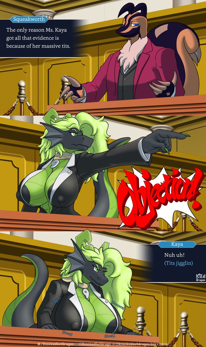 abs anthro areola areola_slip big_areola big_breasts big_nipples black_areola black_body bounce breast_jiggle breasts claw_fingers cleavage clothed clothing colored_nails comic_panel courtroom dress_shirt duo erect_nipples eye_contact female gesture green_body green_breasts green_eyes green_nails green_scales hand_gesture huge_areola jiggling looking_at_another male mostly_clothed nails neck_tuft nipples orange_body pointing pointing_at_another scales scarf shirt slosh speech_bubble suit tail text thick_tail topwear tuft knockedoutdragon ace_attorney capcom european_mythology mythology nintendo objection! pokemon kaya_(knockedoutdragon) lance_(lancefoxcia) mia_fey miles_edgeworth dragon generation_6_pokemon legendary_pokemon mythological_creature mythological_scalie pokemon_(species) scalie western_dragon yveltal english_text hi_res