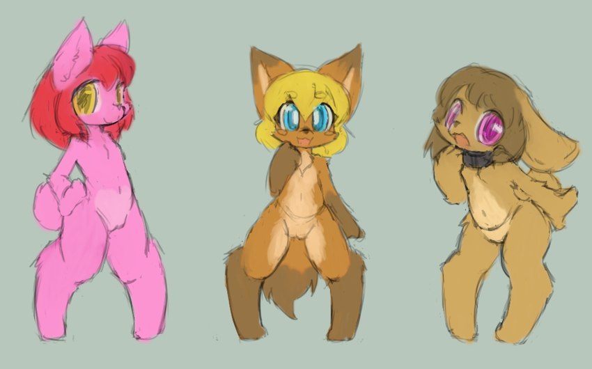 anthro blue_eyes collar female genitals group innocence looking_at_viewer open_mouth purple_eyes pussy simple_background smile spread_legs spreading standing yellow_eyes sorrynothing canid canine fox mammal hi_res