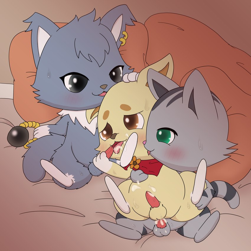 anal anal_penetration anthro blush bodily_fluids cum fur genital_fluids genitals green_eyes grey_body grey_fur group kerchief male male/male penetration penile penile_penetration penis penis_in_ass pillow stripes tail trio yellow_body yellow_fur young improbable_(artist) jewelpet sanrio sega sega_fave dian_(jewelpet) kohaku_(jewelpet) tour_(jewelpet) canid canine canis domestic_cat domestic_dog felid feline felis mammal 1:1 hi_res