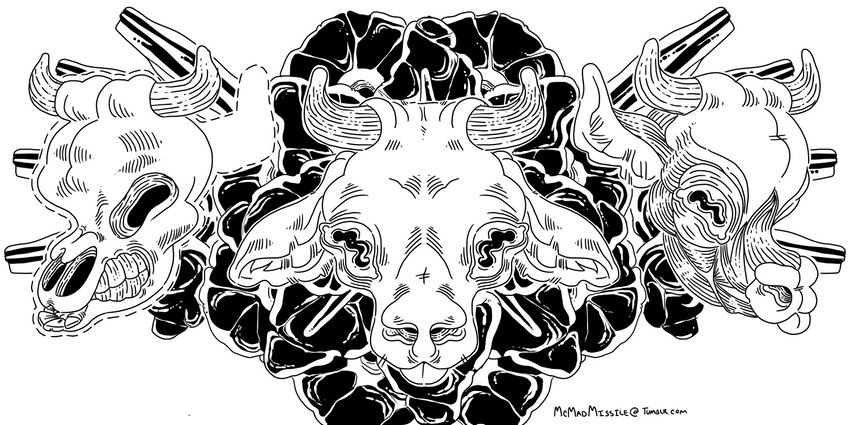 ambiguous_form ambiguous_gender bone fur horn inner_ear_fluff simple_background skinned skull teeth text tuft mcmadmissile bovid bovine cattle mammal 2014 2:1 artist_name black_and_white digital_media_(artwork) line_art monochrome