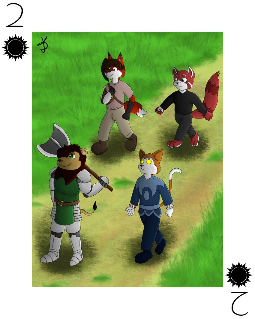 adventure anthro axe battle_axe card card_template custom_cards group magic_user male playing_card playing_card_template walking shiromon999 caves_and_critters jax_(cnc) kharma_(cnc) red_(cnc) theran_(cnc) ailurid canid canine domestic_cat felid feline felis fox lion mammal pantherine red_panda 4:5 absurd_res hi_res